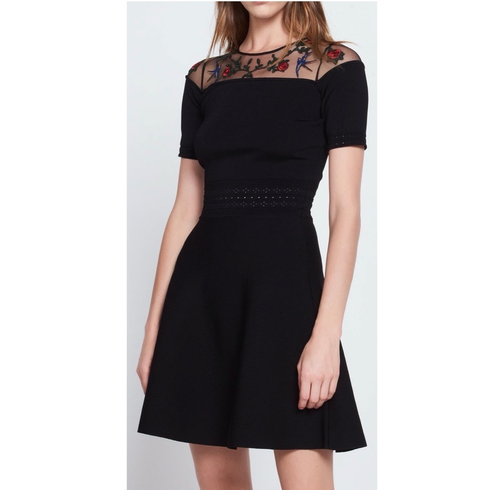 Sandro Rose and Bird Embroidery Paneled Knit Black Mesh Mini Fit Flare Dress 1